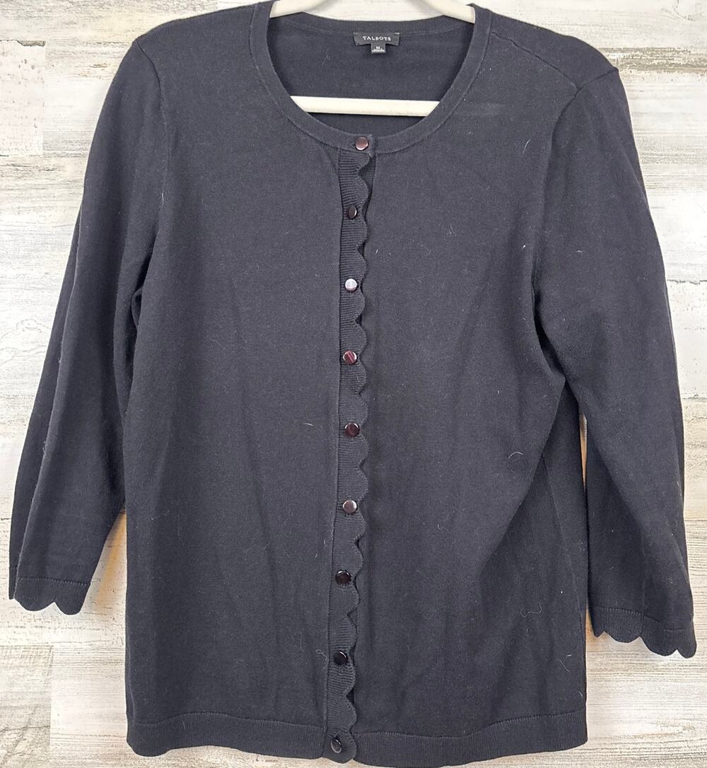 Talbots womens M black Cardigan Sweater Scalloped Elegant Classic